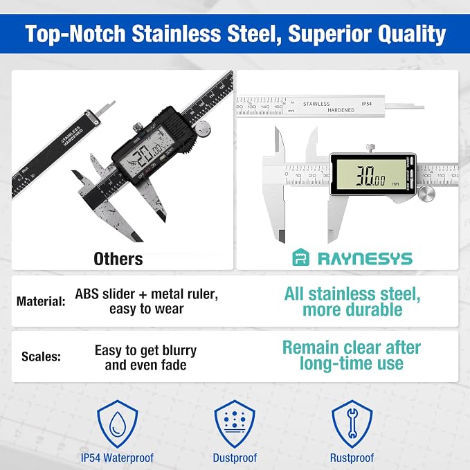 Raynesys Electronic Digital Caliper 6", Professional Precision Micrometer Calipers, ±0.001"/0.02mm Accuracy, Large LCD Display, Stainless Steel Diameter Measuring for Woodworkers/Jewelers/DIY Projects
