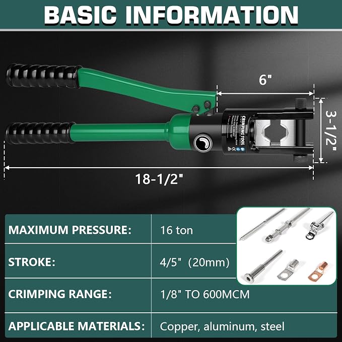 Hydraulic Crimping Tool, 16 Tons Hydraulic Wire Crimping Tool Kit with Cable Cutter and 13 Pairs of Dies, 12 AWG to 600 MCM, Wire Rope Crimping Tool for Battery Cable Ends Ring Terminals Green