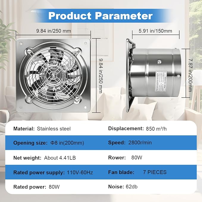 8-inch wall-mounted kitchen metal exhaust fan with switch, 382-576CFM, portable installation, with return air valve, suitable for attic, garage, bathroom, office, basement ventilation, silver