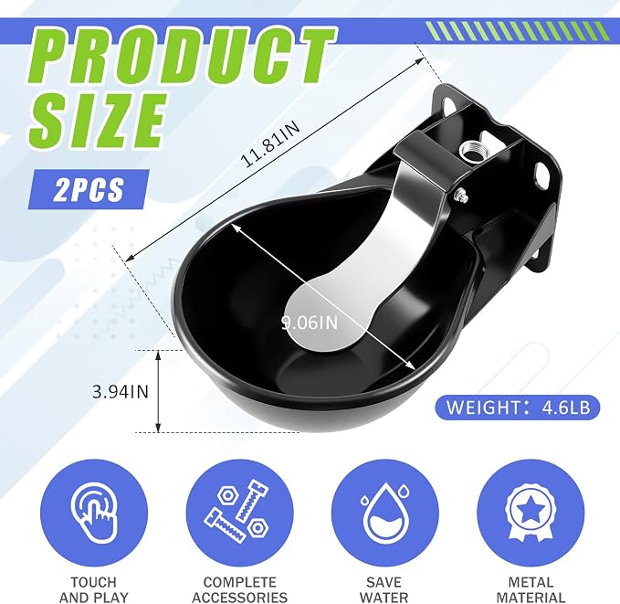 2 Pcs 2.5 L/ 0.66 Gal Automatic Livestock Waterer, Heavy Cast Iron Push-Paddle Water Trough, Black Stainless Steel Livestock Water Bowl for Horse Cattle Goat Pig 11.8 x 9.06 x 3.94 Inch