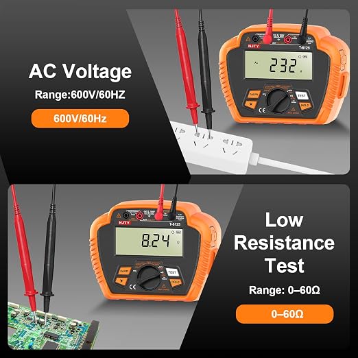 NJTY T6125 Digital Insulation Resistance Tester, 2500V Megohmmeter, 0.01MΩ–200GΩ, AC Voltage (10V-600V), Low Resistance (0.01Ω-60Ω), Data Hold, Over-Range Alarm, Auto Shutdown, Backlit LCD