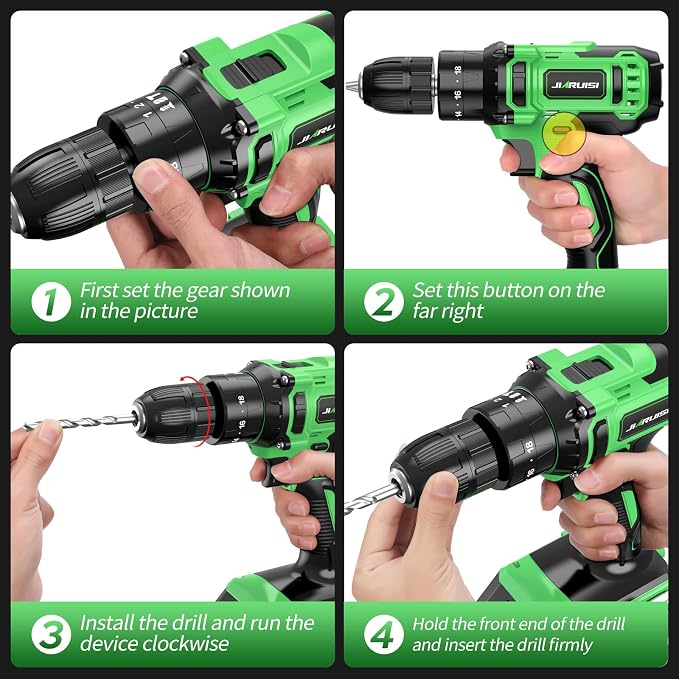 20V Cordless Drill, Electric Power Drill Set with Battery Charger and Carrying Case, 3/8” Keyless Chuck, 2 Variable Speed, 18+3 Torque, 72pcs Driver Bits and Belt Hook, Green
