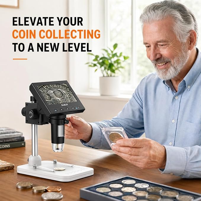 Elikliv Microscope, LCD Digital Coin Microscope 1000x, Coin Magnifier with 8 Adjustable LED Lights, PC View Compatible with Windows/MacBook, EDM4, 4.3-Inch
