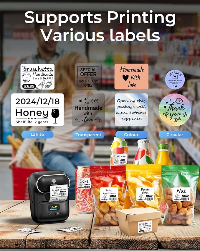 Phomemo M110 Label Printer - Label Maker Machine with 3 Roll Paper, Mini Portable Barcode Label Printer for Small Business, Retail, Address, Barcode, Home, for PC/Mac, iOS/Android- Ebony Black