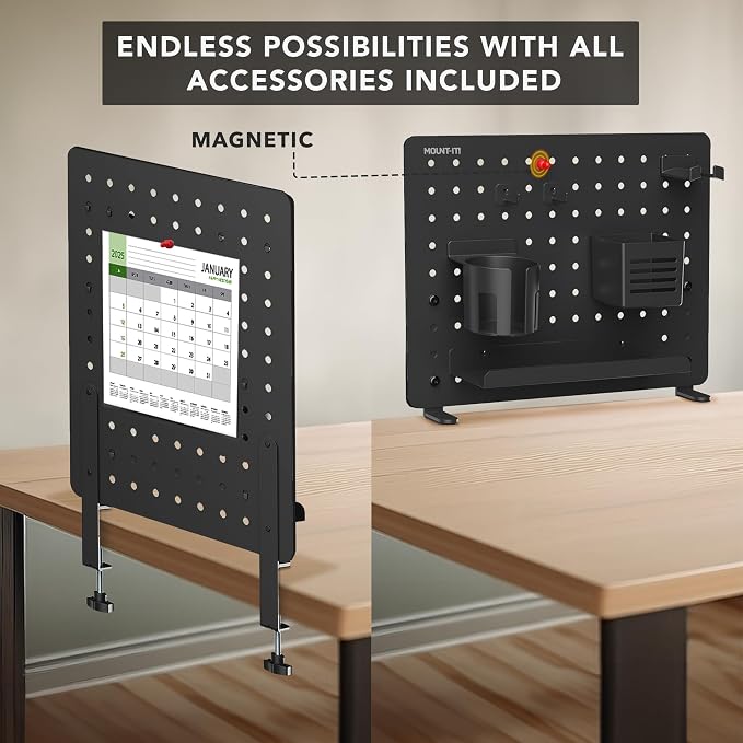 Mount-It! Clamp-On Desk Pegboard Organizer, Magnetic Metal Peg Board with 7 Accessories, 16.5" x 15.9", Vertical or Horizontal, No-Drill Desktop Storage for Home Office, Gaming & Crafting, Black