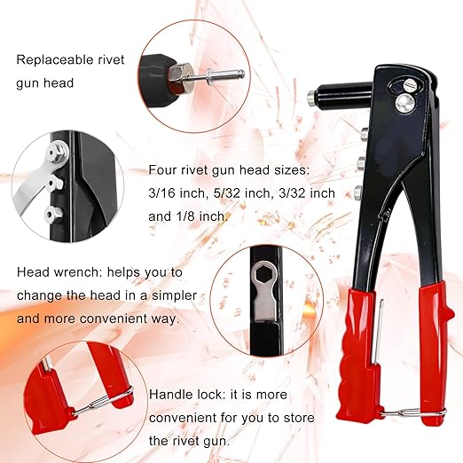 Pop Rivet Gun with Pop Rivets Assortment Kit,1000PCS 21 Sizes Black Pop Rivets, Large Flange Rivets, Washers for DIY/Automotive Repairs/Furniture,Packed in Portable Toolbox