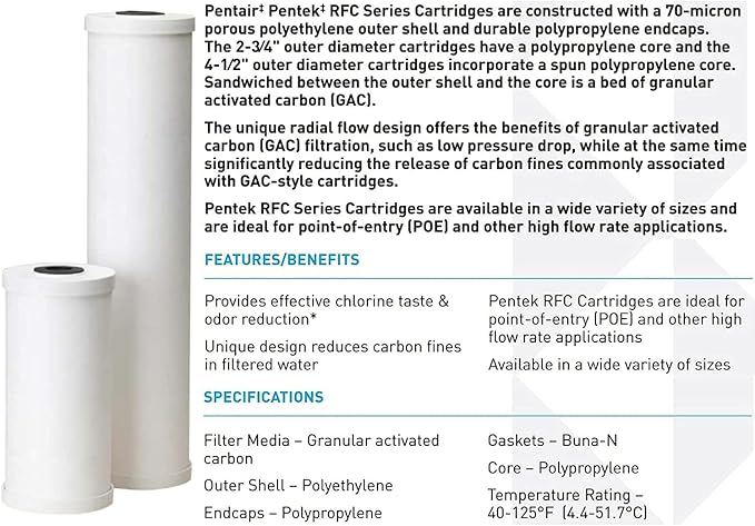 Pentair Pentek RFC-20BB Big Blue Carbon Water Filter, Whole House Heavy Duty Radial Flow Carbon Replacement Cartridge with Granular Carbon (GAC) Filter, 20" x 4.5", 25 Micron, Pack of 6, White