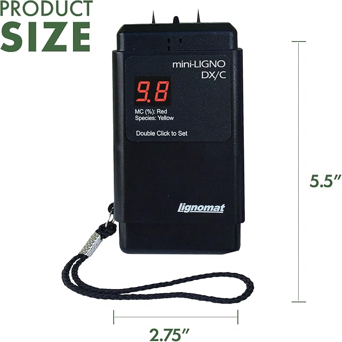 Lignomat mini-Ligno DX/C - Professional Pin Type Wood Moisture Meter for Firewood, Concrete, Subfloors, OSB, Drywall, Flooring with LED Display & 46 Settings