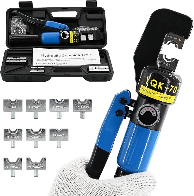 10 Ton Hydraulic Crimping Tool - 12 AWG to 2/0 AWG Battery Cable & Terminal Crimper with 9 Pairs of Dies Kit, Blue