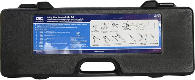 OTC 4579 9-Way Slide Hammer Puller Set with 5 lb. Chrome Plated Hammer, Multiple Puller Attachments Suitable for a Wide Variety of Pulling Jobs, and a Sturdy Blow-Molded Carrying Case
