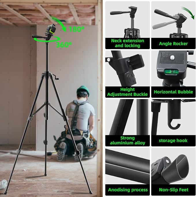 16 Line Laser Level with Tripod,4x360° Self Leveling Laser Level with 2 Batteries,4D Laser Level 360 Self Leveling,Green Line laser Level Tool for Construction,Picture Hanging,Home Renovation