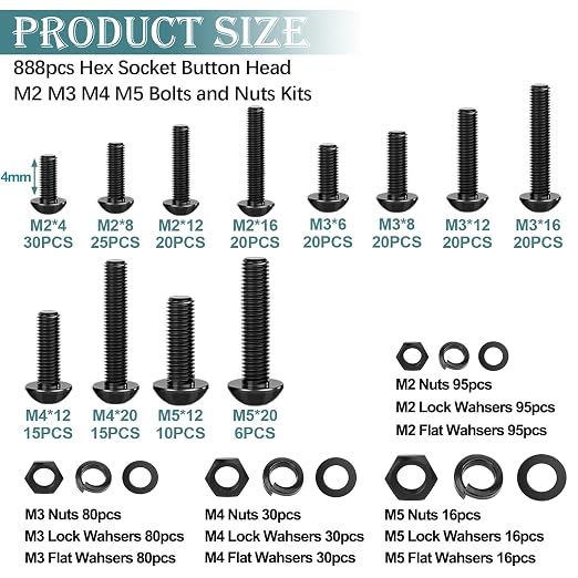 mxuteuk 888PCS Metric Screw Assortment Kit,M2 M3 M4 M5 Machine Screws,10.9 Grade Alloy Steel Metric Hex Button Head Cap Screws Nuts and Flat Washers Assortment Kit for 3D Printing