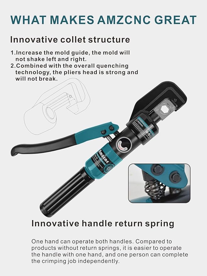 10 Ton Hydraulic Battery Cable Crimper – Single-Hand Return, 9 Hex Dies for 12-2/0 AWG, 180° Rotating Head, Pro Terminal Tool for Car/RV/Marine Power