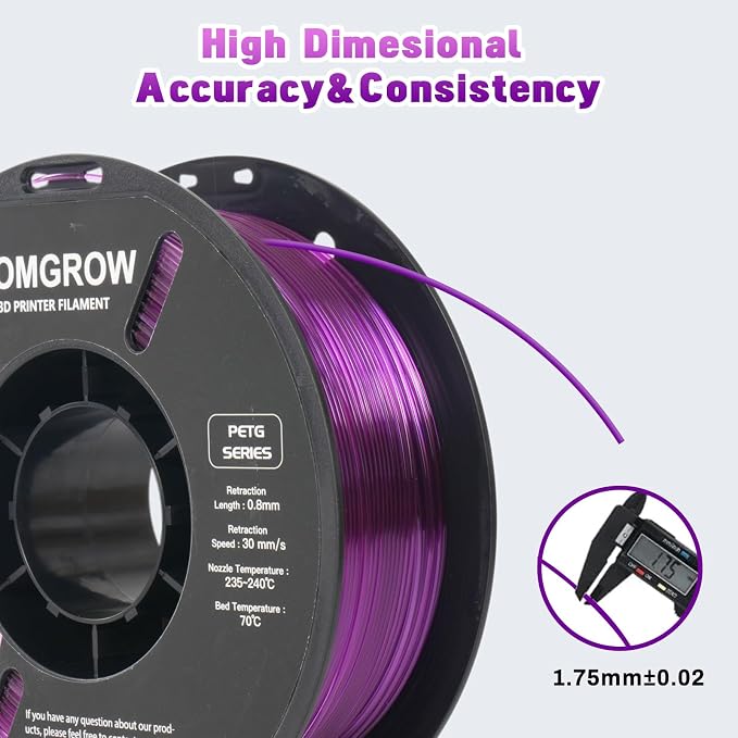 Comgrow PETG 3D Printer Filament 1.75mm, High Precision and Tough 3D Printer Filament 1kg (2.2LBS), Dimensional Accuracy +/- 0.02 mm, Fit Most 3D Printers Gradient Purple White