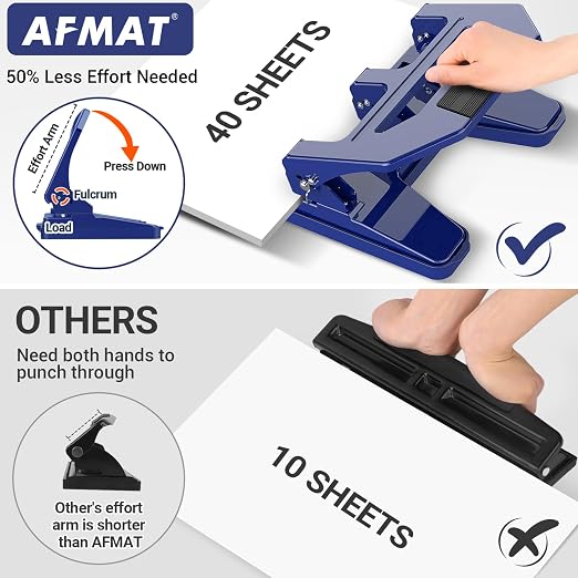 AFMAT 3 Hole Punch Heavy Duty, 40-Sheet Three Hole Puncher for Binder, 50% Reduced Effort Paper Punch, 10K+ Uses, Office Metal Hole Puncher 3 Ring w/Large Tray, Bulit-in S.S. Paper Guide, HPX2(Blue)