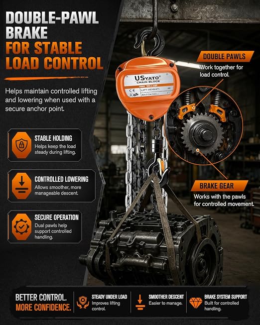 Chain Hoist 1/2 Ton, 1100 lbs Capacity, 10 FT Manual Chain Fall, G80 Alloy Steel Load Chain, Double-Pawl Brake, 360° Swivel Hooks, Heavy Duty Hoist for Garage, Shop, Farm, Warehouse