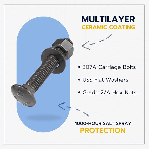 3/8" x 2" (25 Pack) Black Carriage Bolt Kit, Grade 307A, Ceramic Coated for Exterior Use, 2X Rust Resistance of Galvanized by Makers Bolt