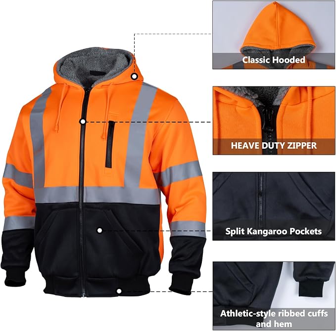 VENDACE Men's ANSI Class 3 High Vis Safety Reflective Sweatshirt Wool Fleece Zipper Jacket Hoodie with Black Bottom(Orange,XL)