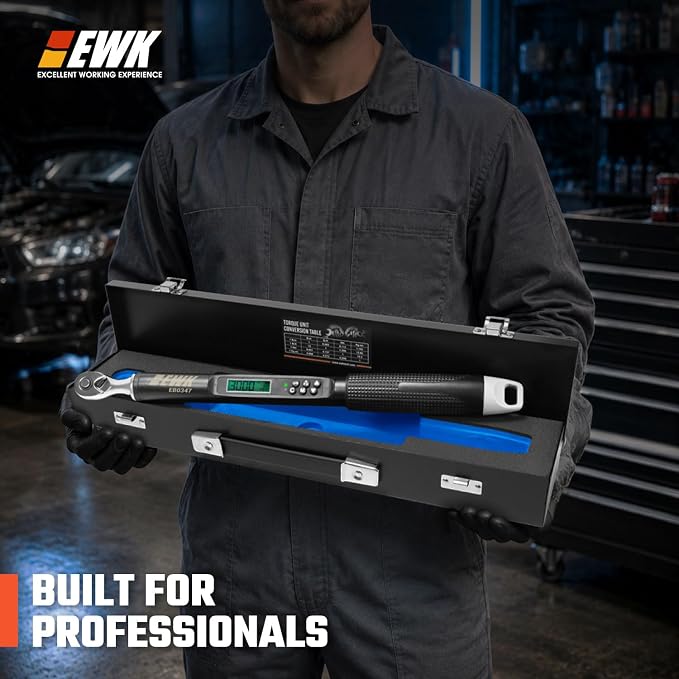 EWK 1/4" Drive Digital Angle Torque Wrench 1.1-22.1 ft-lbs (1.5-30 Nm) | ±1.5% clockwise / ±2.5% counterclockwise and angle accuracy of ±2%, LCD Display, LED Buzzer Vibration Alert, 30 Memory Values