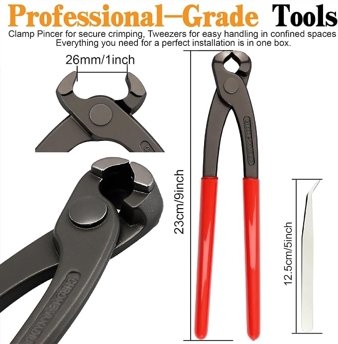 360Pcs Single Ear Hose Clamps Kit,Stepless 5.3-36.1mm 304 Stainless Steel Hose Repair Clamp Cinch Rings,Ear Clamp Pliers Tool with Portable Toolbox for Automotive Fuel Line Plumbing PEX DIY