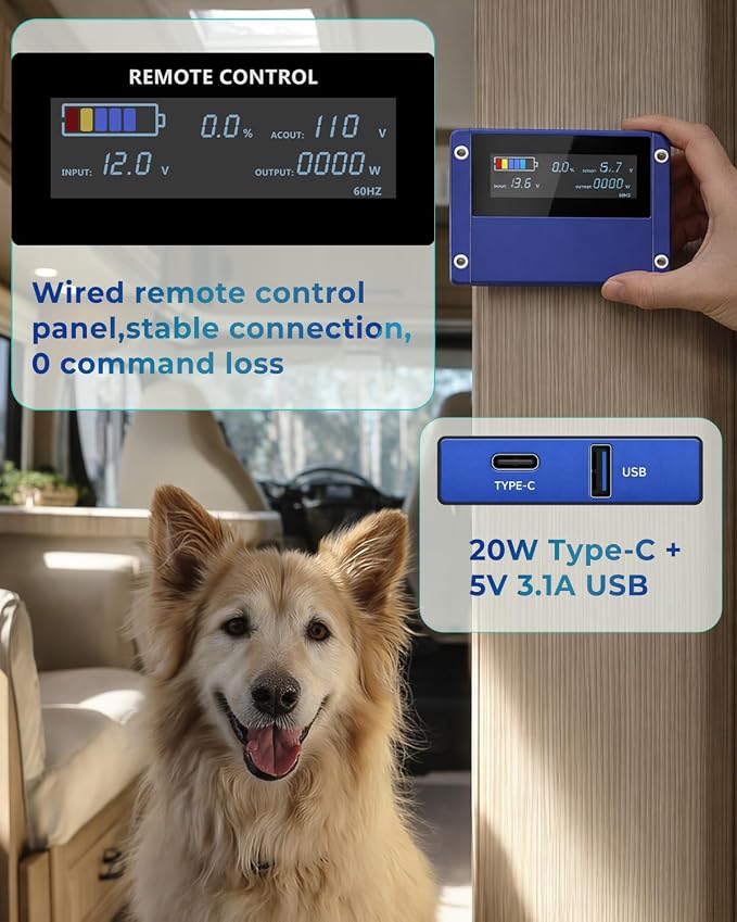 3000 Watt Pure Sine Wave Inverter, DC 12V to 120V AC Power Inverter for Vehicle, RV, Truck, Off-Grid, Car Power Inverter with 4 AC Outlet, 20W USB-C, 5V/3.1A USB, Remote & Panel Control, Surge 6000W