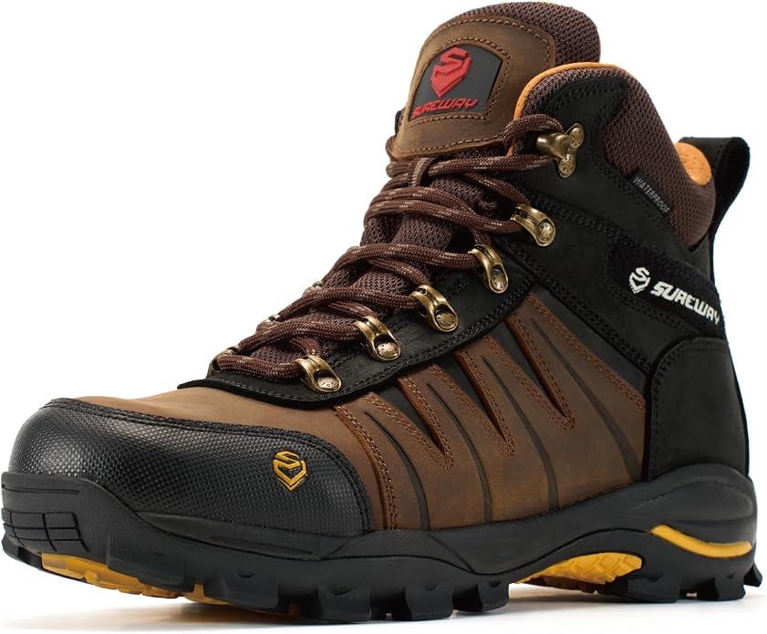 SUREWAY Men's 6" Waterproof Work Boots - Soft Toe,Leather Lace Up,EH Rated, Slip Resistant Outsole for Construction, Roofing & Hunting Work Boots