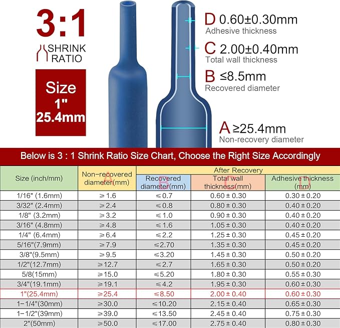 Chanzon 3:1 Ratio - 80ft Roll - Heat Shrink Tubing 1" (25.4mm) - Marine Grade Waterproof Adhesive Lined - (25M Total Length) Blue Polyolefin Sleeving Wrap Shrinking 3 to 1 Ratio 1pcs