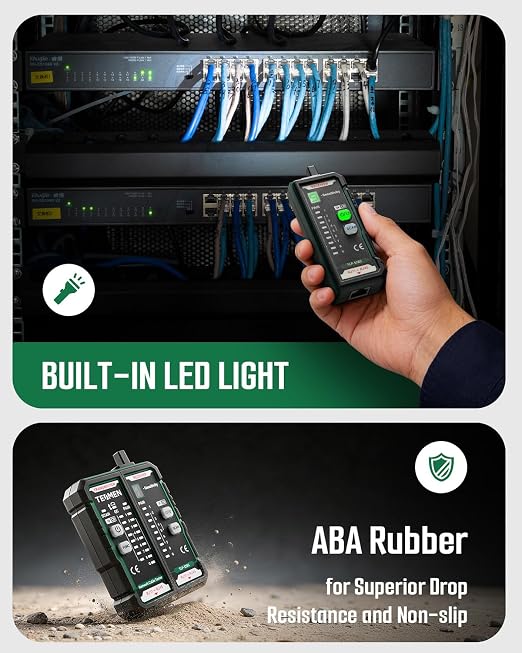 TESMEN TLP-528C Network Cable Tester, RJ11 RJ45, Ethernet Wire Tracer Toner for CAT5/CAT6 with Continuity & QC, LAN and Telephone line Finder, Suitable for Cable Maintenance and Sorting - Green