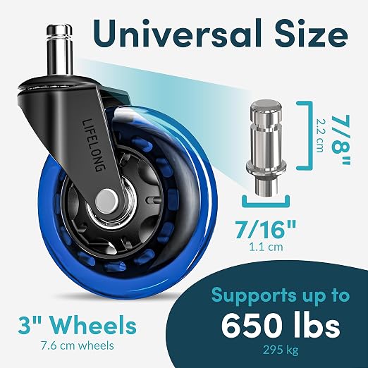 Lifelong Original Office Chair Wheels (As Seen On CNN) Replacement Rubber Chair Casters for Hardwood Floors & Carpet, Set of 5, Heavy Duty Casters for Chairs to Replace - Fits 98% (Blue)