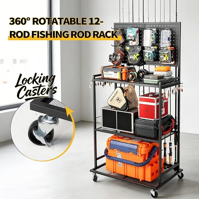 SOYEEZE Large Size Fishing Rod Holders for Garage, 3-Tier Fishing Pole Rack with Pegboard and Hooks, Fishing Gear Tackle Box Organizer Up to 12 Rods, Rolling Fishing Storage Cart with Lockable Wheels