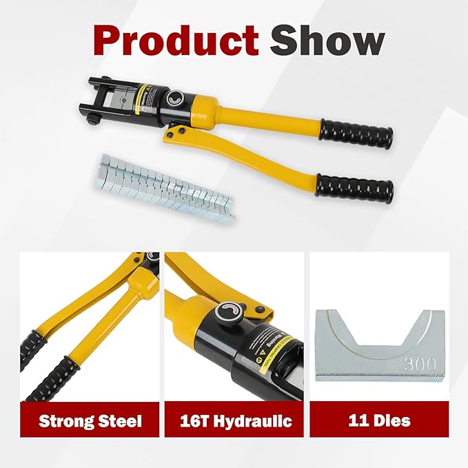 findmall 16 Ton Hydraulic Cable Lug Crimper, 6 AWG to 600 Industrial Hydraulic Crimping Tool, Electrical Terminal Cable Wire Tool with 11 Dies (16, 25, 35, 50, 70, 95, 120, 150, 185, 240, 300)