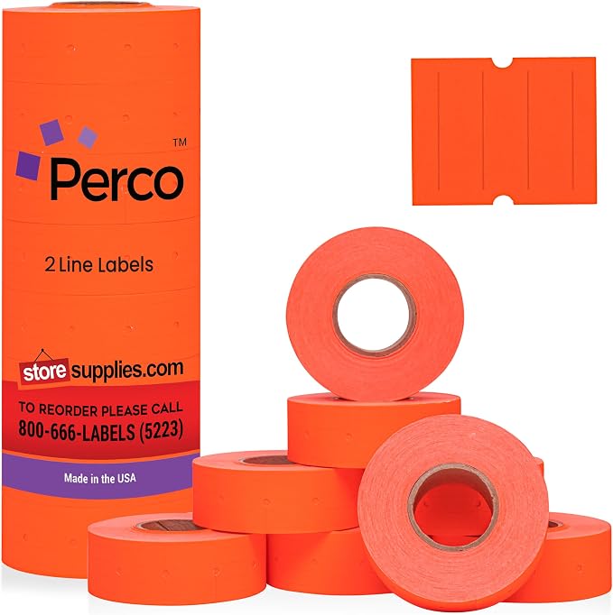 Perco 2 Line Fluorescent Red Labels - 6,000 Blank Price and Date Gun Labels for Perco 2 Line Price and Date Guns - 8 Rolls, 1 Sleeve - Made in USA