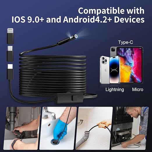 Endoscope Camera with Light, 1920P HD Borescope Inspection Camera with 8 Adjustable LEDs, IP67 Waterproof Semi-Rigid Snake Cable for Android, iPhone, and iPad(16.4ft, Dual Lens)