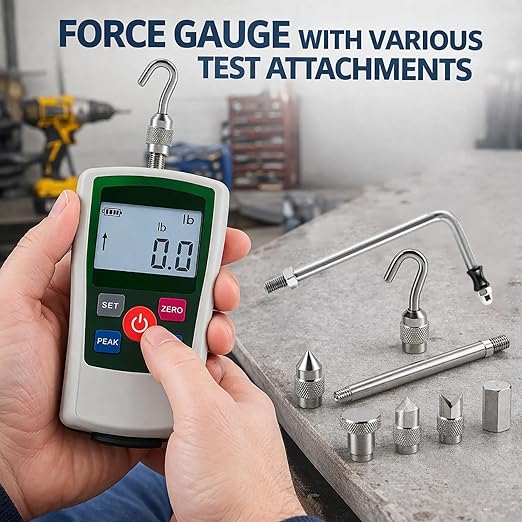 GOYOJO Digital Force Gauge High-Precision Push-Pull Meter for Tension & Compression Testing Units (N, kg, lb, oz) Real-Time/Peak/First Peak Modes Ideal for Quality Control & Material Testing (10N)