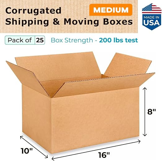 Medium Moving & Shipping Boxes 16"L x 10"W x 8"H (25-Pack) - Extra Strength 200 lb vs Regular - USA-Made Corrugated Medium Moving Boxes - Cardboard Box - Box for Shipping by IDL Packaging