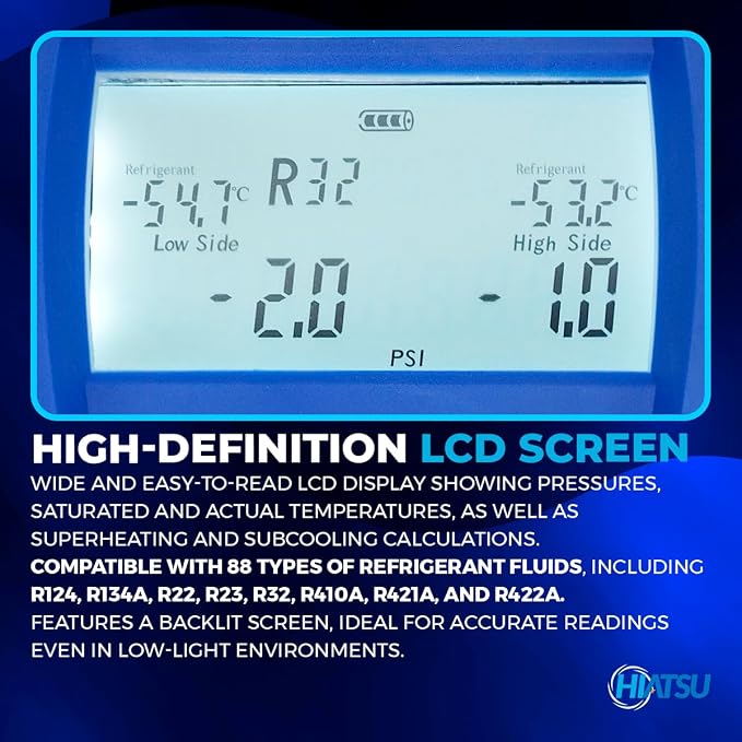 Hiatsu Digital HVAC Manifold Gauge Set with AC Gauges - Freon Gauges with 88 Refrigerants - Automotive Gauge Set with Temperature Clamps - AC Recharge Kit