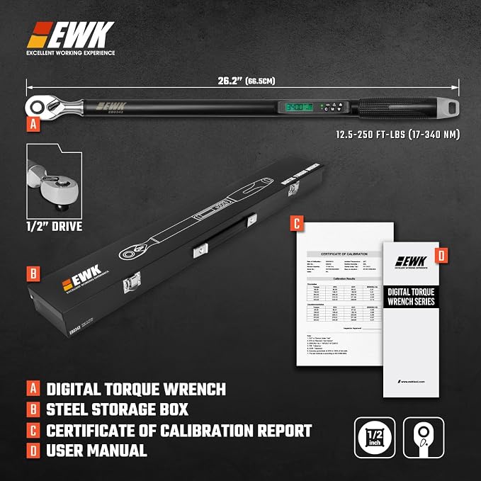 EWK 1/2" Drive Digital Angle Torque Wrench 12.5-250 ft-lbs (17-340 Nm) | ISO 6789, ±1.5% clockwise / ±2.5% counterclockwise/ ±2% Angle, LCD Display, LED Buzzer Vibration Alert, 30 Memory Values