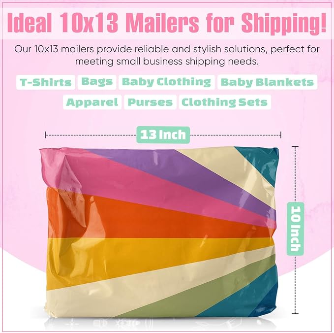 10x13 Poly Mailers – Retro Rainbow – Waterproof, Tear-Resistant Shipping Bags with Adhesive Seal – 25 Pack – Package Mint