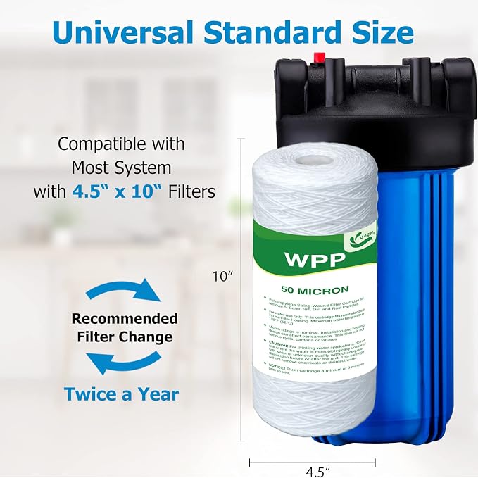 50 Micron Water Filter 10" x 4.5", 10-inch Whole House Heavy Duty String Wound Sediment Pre-Filters for Well Water, Replacement Cartridge for WPX50BB97P, 355220-43, SWC-45-1050, AP814, 4-Pack