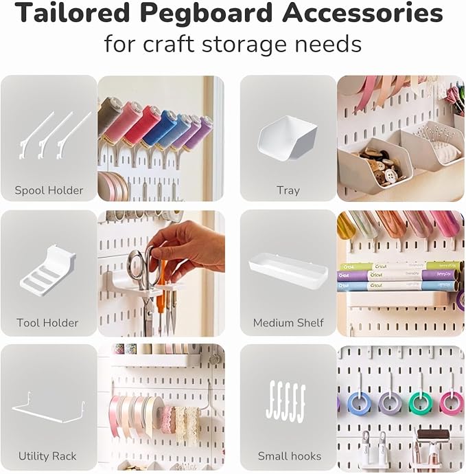 Keepo Title Peg board Kit, Pegboards and Accessories Modular Hanging for Craft, Plastic Pegboard Wall Organizer for Craft Room, Office, Tool Organizer (White, 22″×22″)