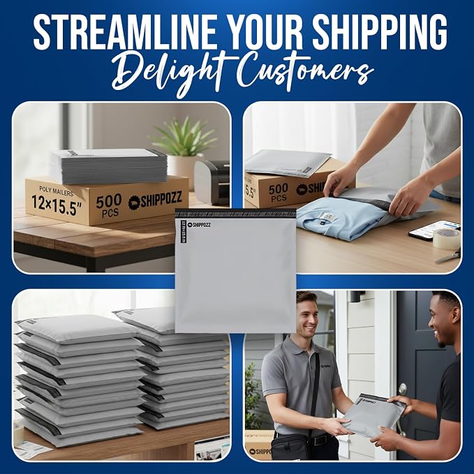 Shippozz 12x15.5 Poly Mailers 500 Pack, Durable Waterproof Polymailers for Shipping Clothes, Self Seal Mailing Bags for Small Business Packaging Supplies, Mailing Envelopes for Books, and Accessories