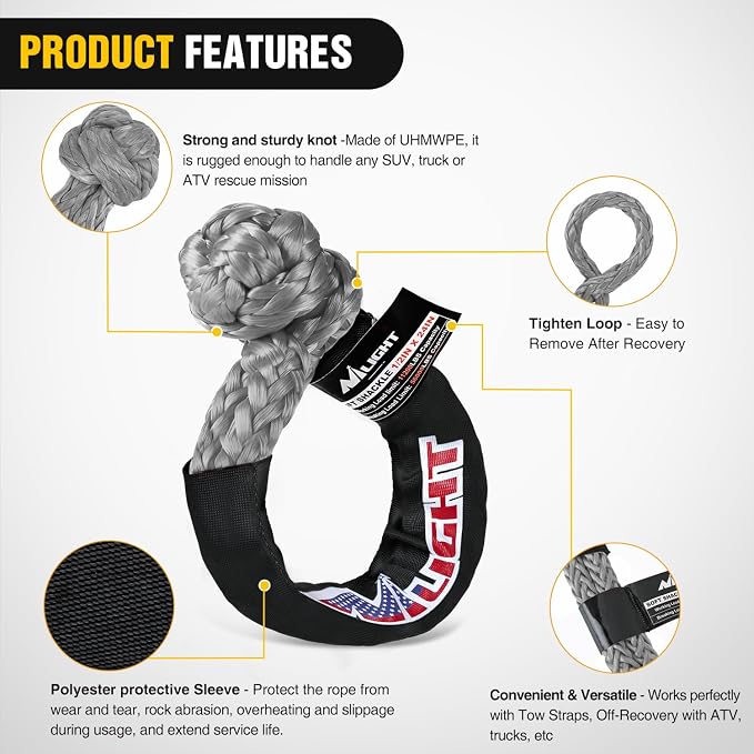 Nilight 2PCS Synthetic Soft Shackles 1/2" x 24" 56,000 LBS Breaking Strength with Extra Sleeves Heavy Duty Recovery Rope for Sailing SUV Off-Road Towing ATV UTV Trucks 4x4 (Gray)