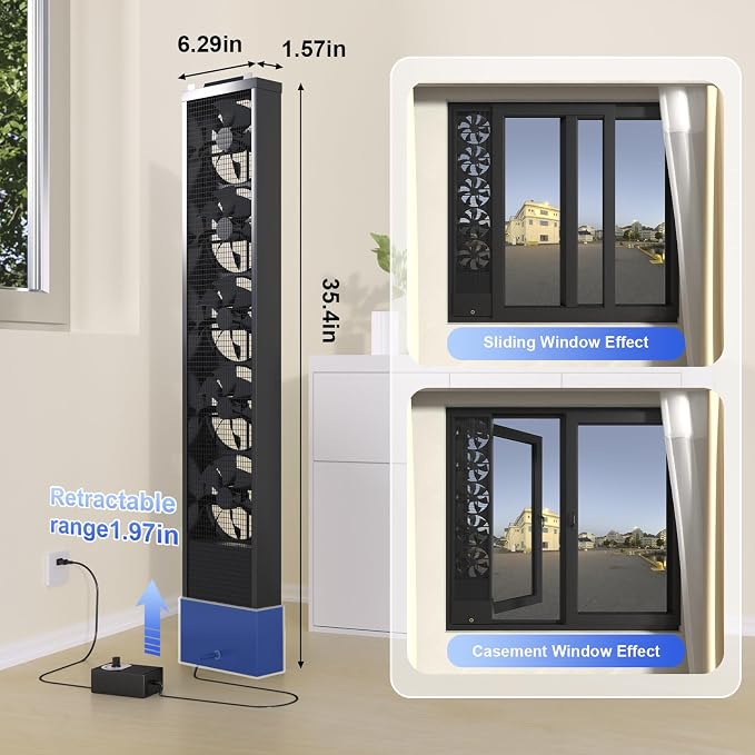 Vertical Window Fan for Sliding Windows (Black, 85~90cm/33.5~35.4in) | No Drilling Required Installation, Adjustable Wind Speed, 1.97 IN Retractable, for Bedroom Bathroom Kitchen Office