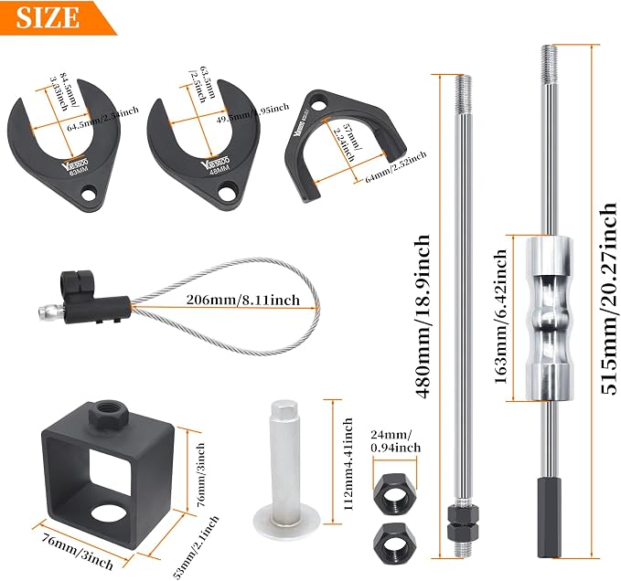 11 Piece Inner CV Axle Removal Tool, Heavy Duty Slide Hammer Puller Set, 63mm 48mm CV Joint Fork, Outer CV Joint Adapter and Steel Cable Adapter, Front Wheel Drive Axle Half Shaft Removal Tool Kit