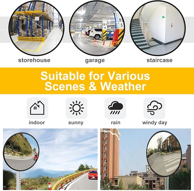 Angooni Unbreakable Convex Mirror 18 inch Safety Mirror - Lightweight PC Traffic Mirror with Vision up to 25ft - Outdoor Driveway Mirrors, Security Mirrors for Business Indoor