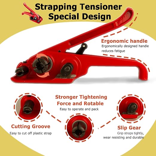 Heavy Duty Packaging Banding Strapping Kit, 4 in 1 Pallet Strapping Kit with Poly Strapping Tensioner, Banding Sealer Tool, 4000" Length Strapping Roll & 100 Metal Seals for Packing