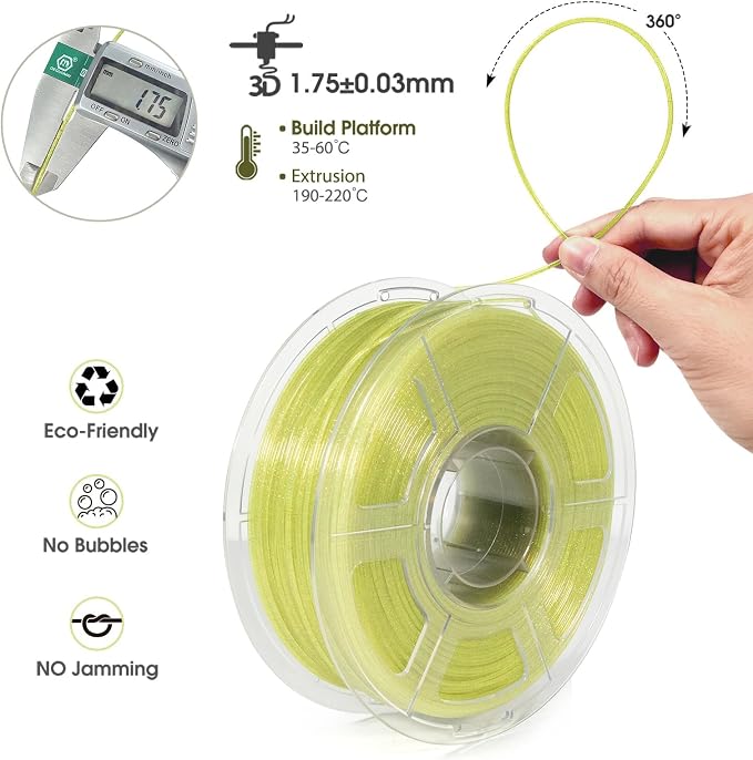iSANMATE Clear PLA 3D Printer Filament, Transparent Glitter Yellow PLA, 1.75mm Filament 1KG/2.2lb