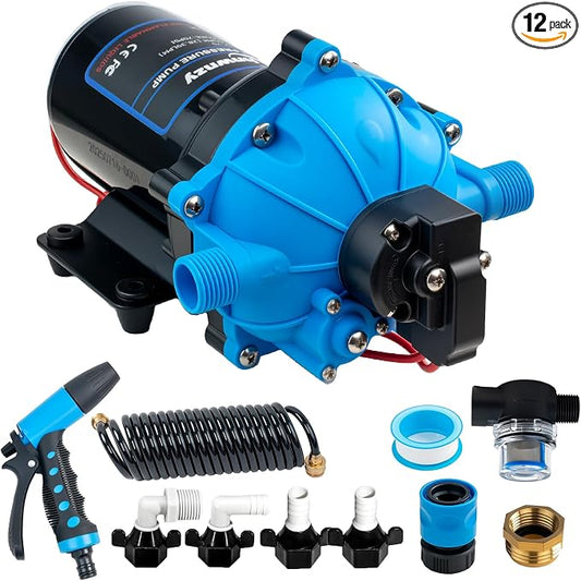 80PSI 7.5GPM Washdown Pump Kit, 12V Self-Priming Marine RV Water Pump with Pressure Switch, Strainer, Coiled Hose & Adjustable Nozzle for RV, Boat, Yacht, Camper, Travel Trailer and Sprayer