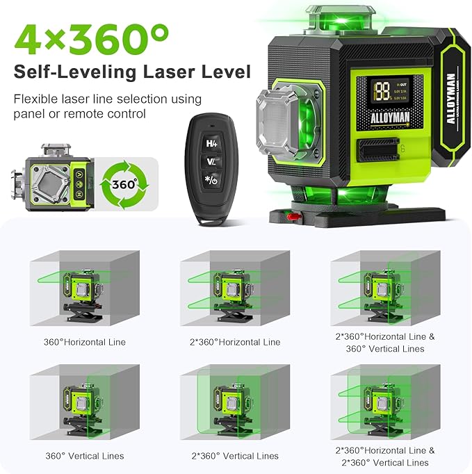 Alloyman Laser Level with Tripod, 4 × 360° Self Leveling Laser Level, Nivel Laser Green Line Lazer Leveler Tool for Picture Hanging, Home Renovation, Indoor Project, 2*Battery&Carrying Bag Included