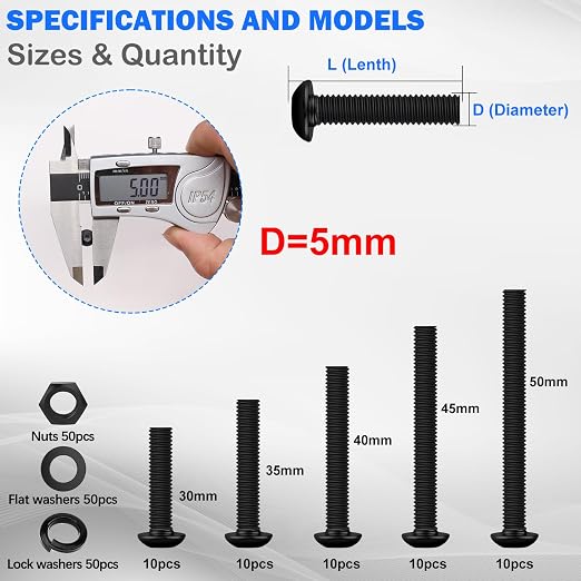 mxuteuk M5 Screws Assortment Set,M5 x 30/35/40/45/50mm Button Head Socket Cap Metric Screws Bolts Nuts Kit,10.9 Grade Alloy Steel M5 Bolts with Hex Wrench (200PCS)